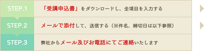 STEP.1「受講申込書」をダウンロードし、全項目を入力する STEP.2「受講申込書」をダウンロードし、全項目を入力する STEP.3 弊社からメール及びお電話にてご連絡いたします